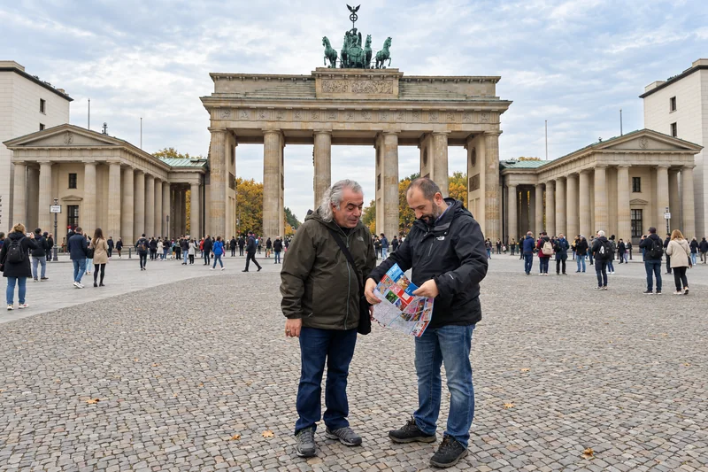 Berlin’de şehir haritasını inceleyen Taner Demirbulut ve Ömer Faruk Öğretmen