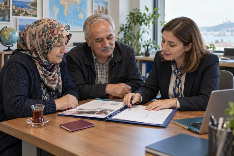 Bir danışmanla birlikte seyahat belgelerini inceleyen emekli çift