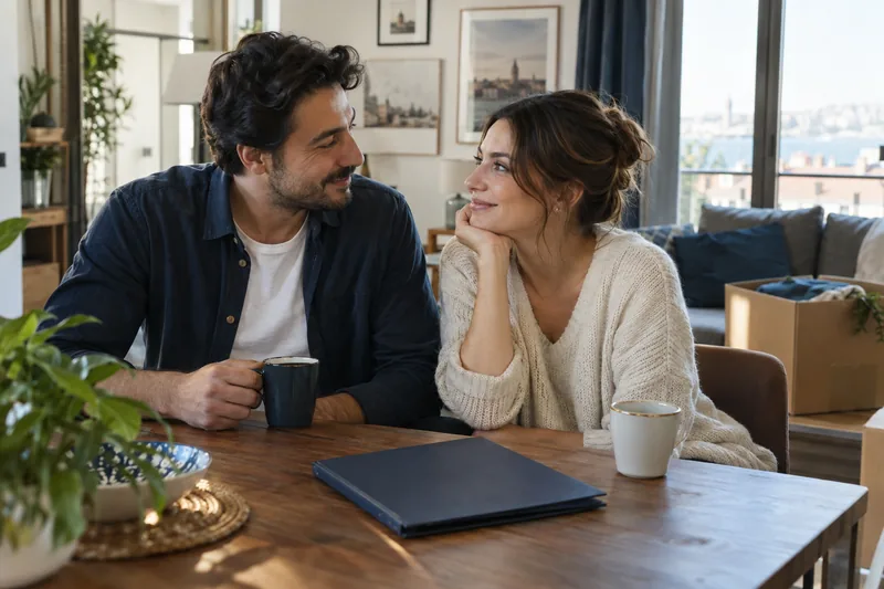 Yeni evlerinde birlikte plan yapan yetişkin eşler