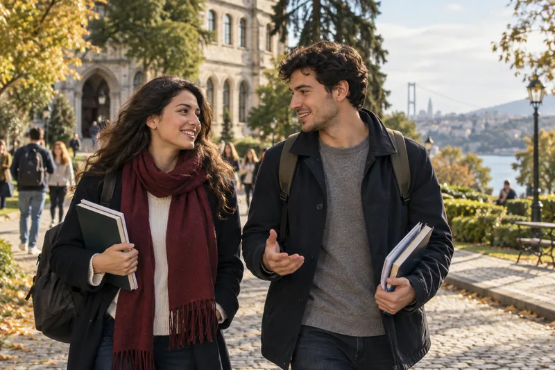 Avrupa kampüsünde yürüyen yetişkin öğrenciler
