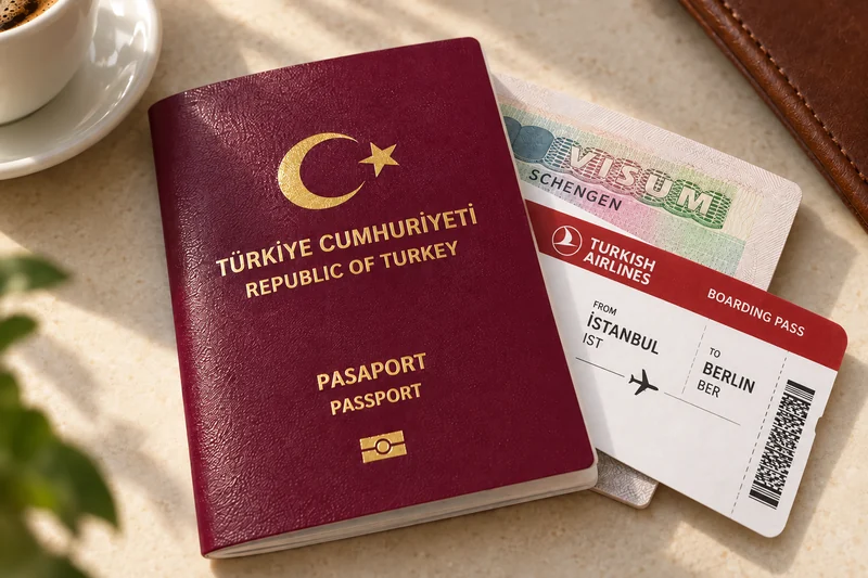 Türk pasaportu ve Türk Hava Yolları renklerinde İstanbul–Berlin biniş kartı detayı